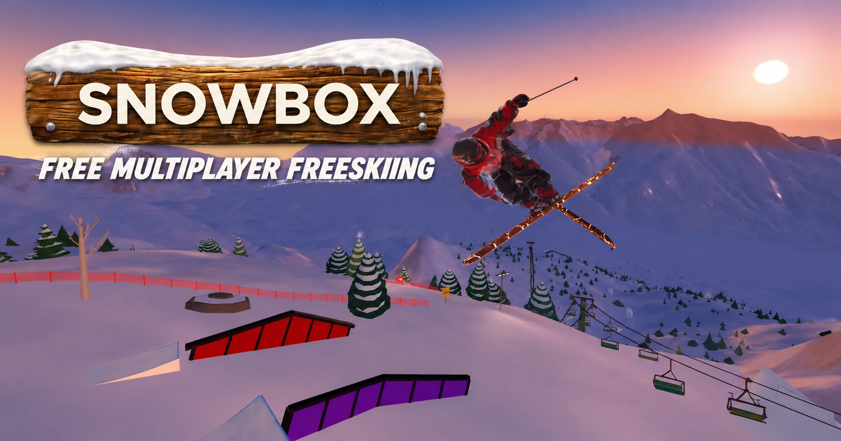 Snowbox promotional artwork showing a skier doing a crossed-ski aerial trick above terrain park rails at sunset.