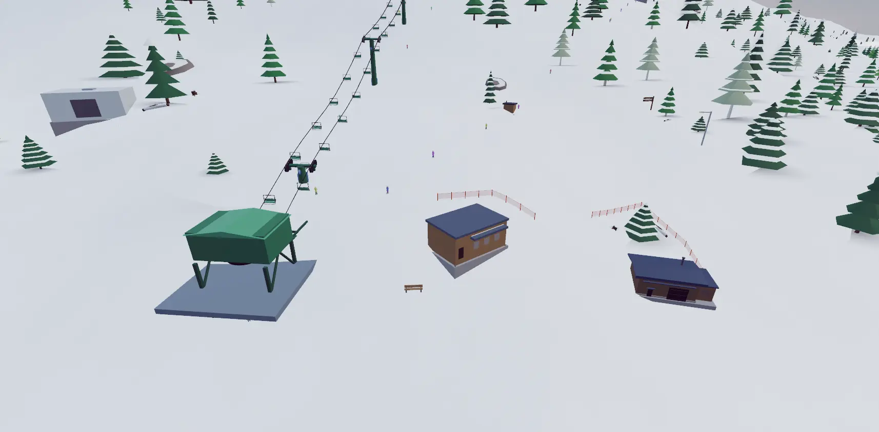 A Snowbox ski resort with a chairlift, base buildings, skiers, and trees on a snowy slope.
